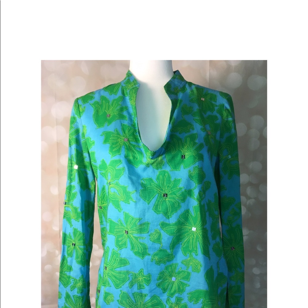 Tory Burch Green Turquoise Silver Sequin Tunic